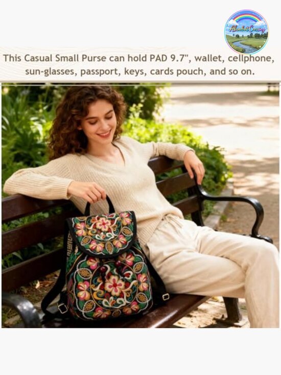 Floral Embroidery Canvas Drawstring Backpack, Vintage Daypack Travel Shoulder main image 7